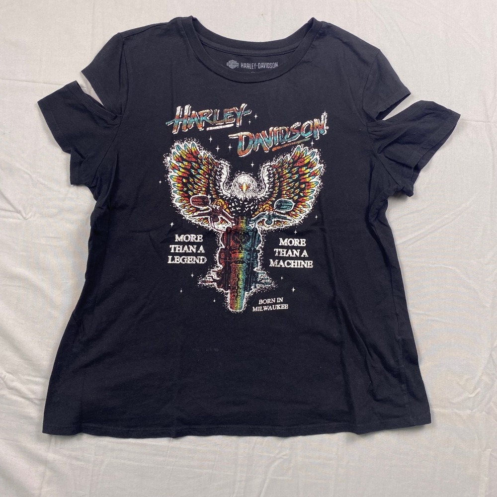 Harley Davidson Born In Milwaukee Graphic Tee Womens XL Black Cold Shoulder